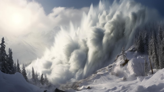 Foto schneelawine in den bergen, die die risiken des winterwetters in großer höhe darstellt