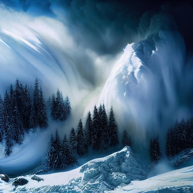 Schneelawinenlandschaft epischer Schneerutsch im verschneiten Winterwald