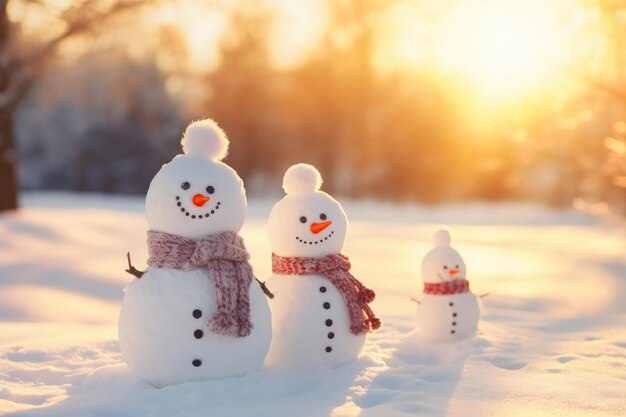 Foto schneeman-trio inmitten einer schneebedeckten landschaft