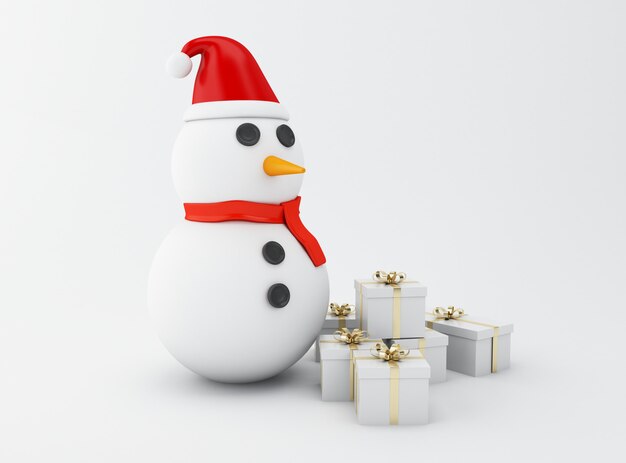 Schneemann 3d mit Weihnachtsgeschenken.