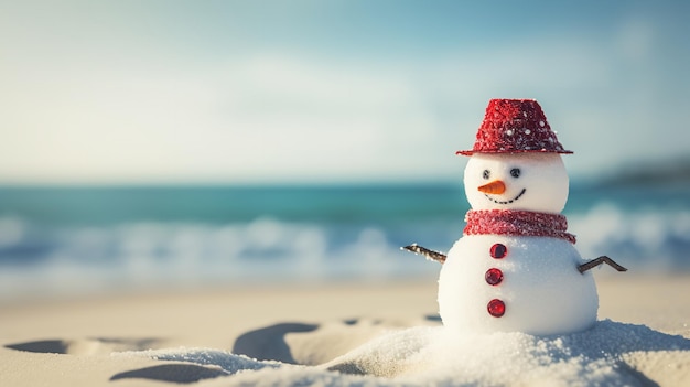 Foto schneemann am strand mit rotem hut generative ki