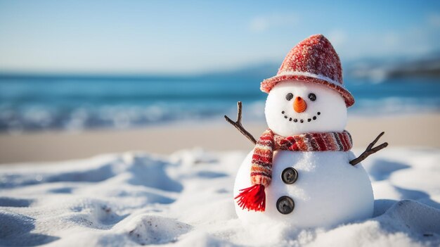 Foto schneemann am strand mit rotem hut generative ki