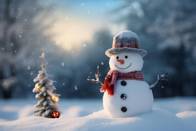 Schneemann an einem wunderschönen sonnigen Wintertag Fröhlicher Schneemann auf einer schneebedeckten Wiese