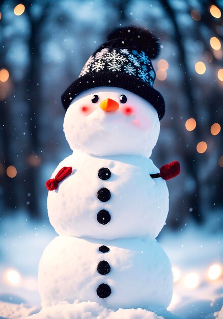 Schneemann auf dem Hintergrund einer Winterlandschaft in der Nacht