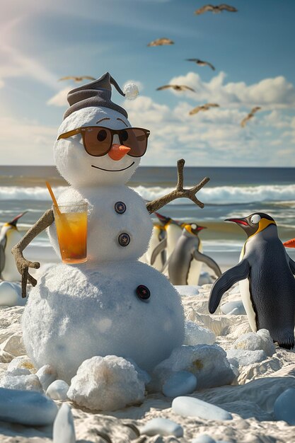 Schneemann, der sich am Strand entspannt, Pinguine, Sonnenbrille