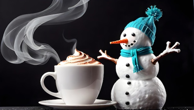 Schneemann genießt aromatischen Morgenkaffee auf schwarzem Hintergrund