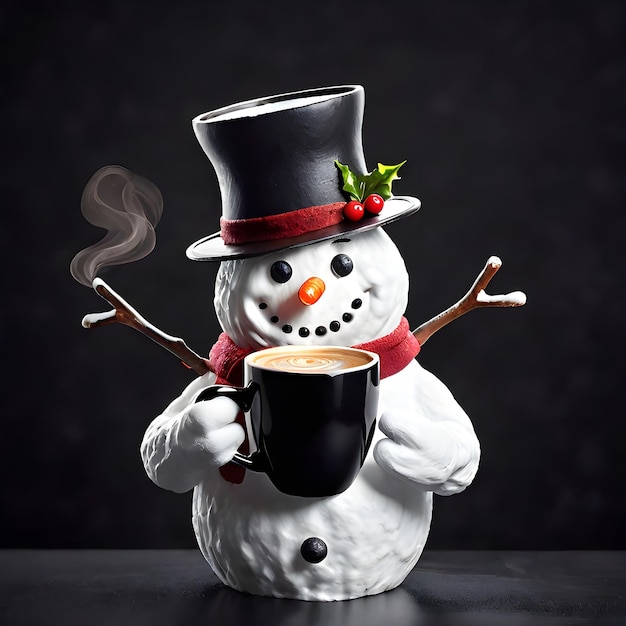 Schneemann genießt aromatischen Morgenkaffee auf schwarzem Hintergrund