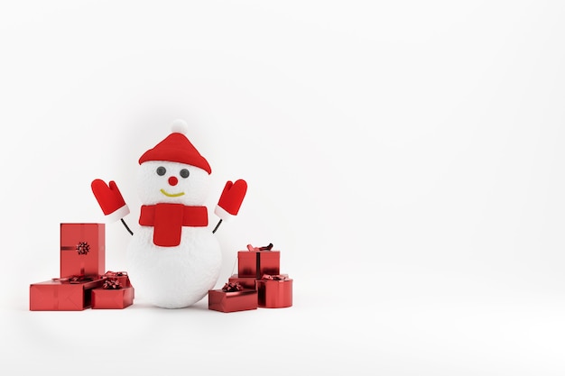 Schneemann hebt die Hände mit Geschenkbox auf weißem Hintergrund. Konzept Weihnachtsmann Weihnachten festlich. Minimales Ideenkonzept Weihnachten. 3D-Rendering.