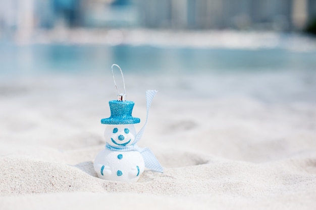 Schneemann im blauen Hut am Strand