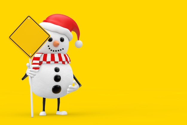 Schneemann im Weihnachtsmann-Hut-Charakter-Maskottchen und gelbes Straßenschild mit freiem Platz für Ihr Design auf gelbem Hintergrund. 3D-Rendering
