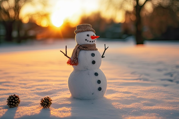 Schneemann in einer winterlichen Weihnachtsszene mit schneebedeckten Kiefern und warmem Licht im Hintergrund der frohen Weihnachten