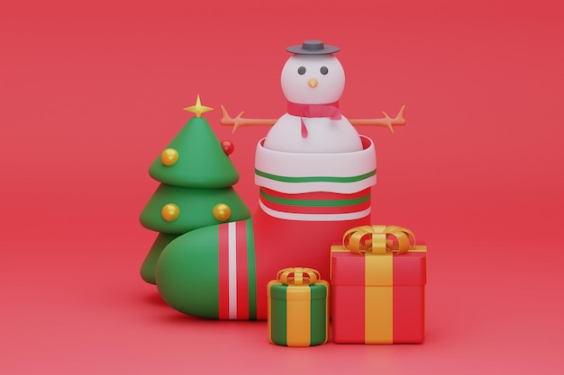 Schneemann in Socken Weihnachtskonzept 3D-Rendering