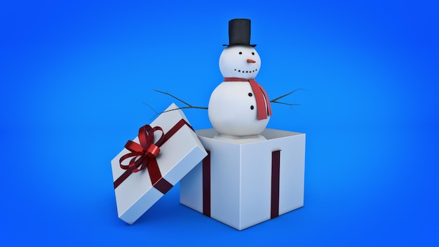 Schneemann in weißer Geschenkbox Geschenkbox-Konzept 3D-Rendering