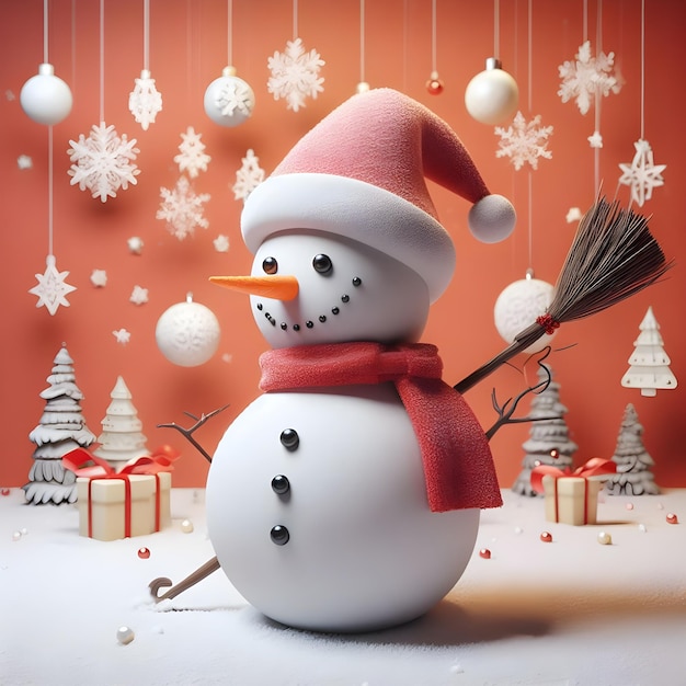 Schneemann mit Besen und Weihnachtsbaum im Hintergrund 3D-Illustration