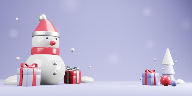 Schneemann mit Geschenken Weihnachts- oder Neujahrsbanner Winterferienkomposition Realistisches 3D-Plastikdesign Dekorative Objekte für Grußkarten Verkaufsflyer Hintergrund