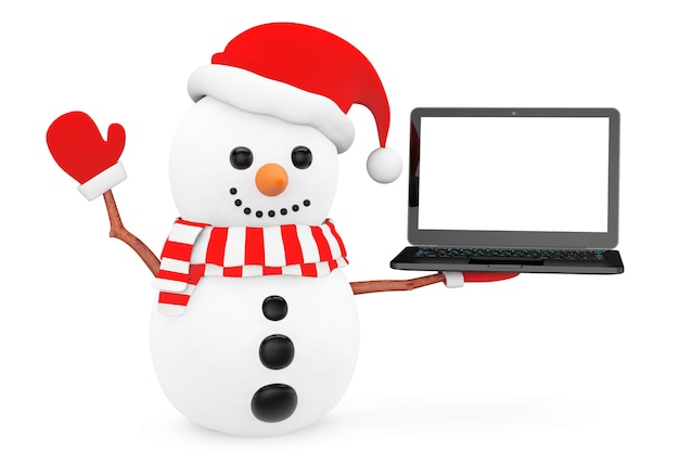 Schneemann mit Laptop auf weißem Hintergrund