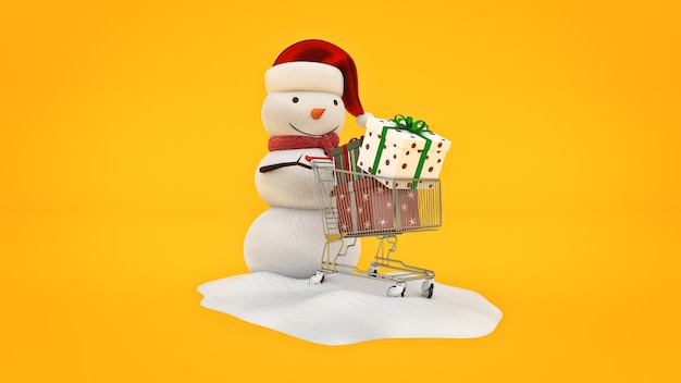 Schneemann mit Weihnachtsmütze und Einkaufswagen