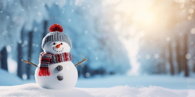 Schneemann steht auf dem Schnee mit verschwommenem Bokeh-Licht