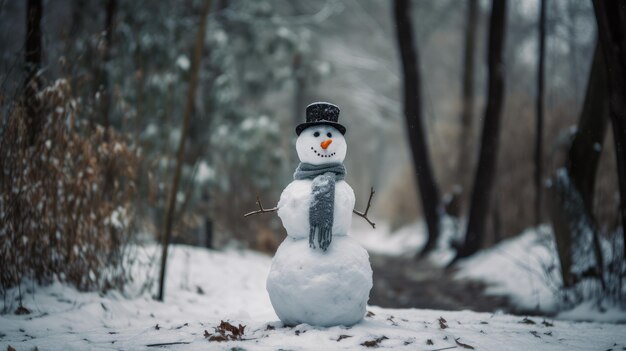 Schneemann steht im Winter, kleiner Schneemann, der draußen gemacht wurde, Morgenlicht, Winterlandschaft.