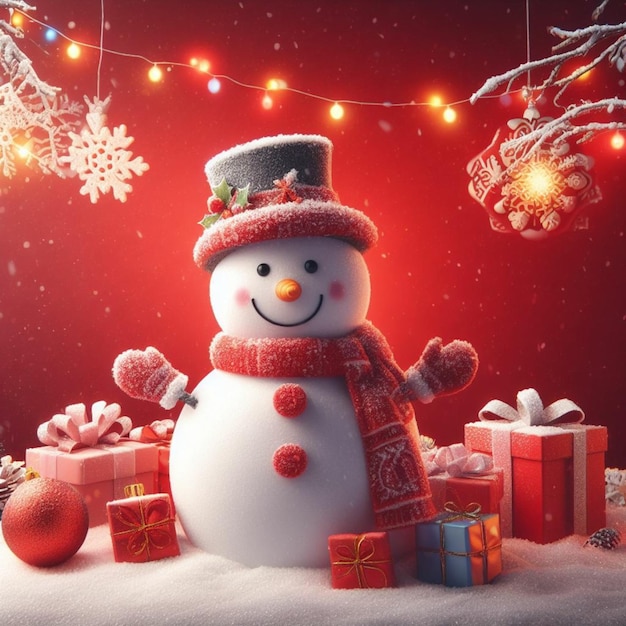 Schneemann steht im Winter, Weihnachts-Hintergrund, Schneemann von Weihnachten.