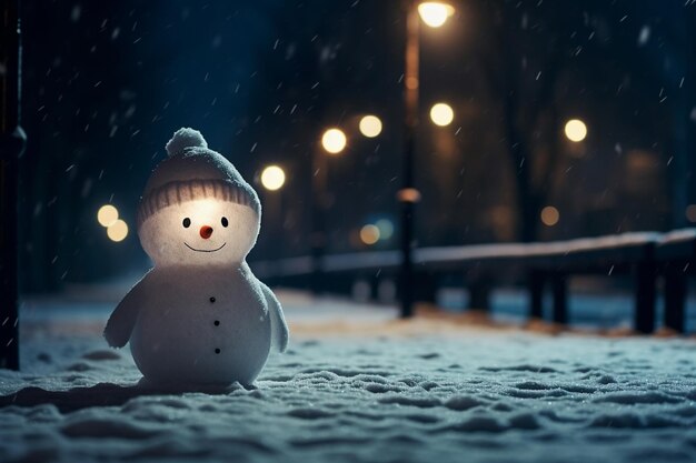 Schneemann steht in dunkler Winternacht in der Nähe einer Straßenlaterne auf der Straße