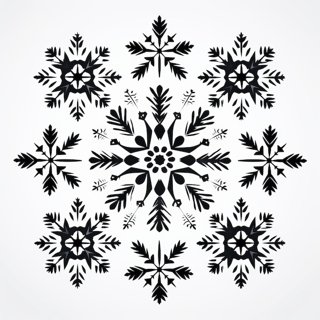 Foto schneemann-themen-vektorkunst mit symmetrischen schwarz-weißen schneeflocken