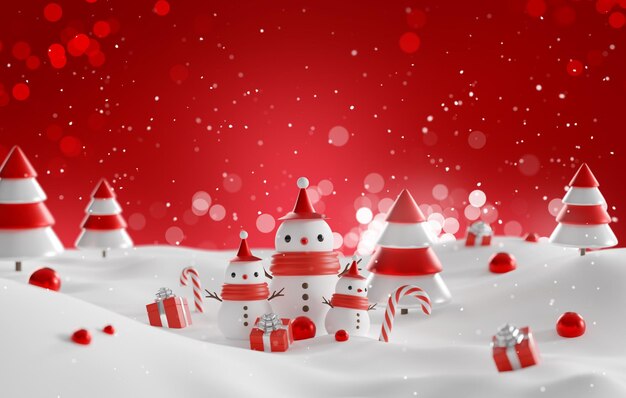 Foto schneemann und roter weihnachtsschmuck hintergrund 3d-rendering