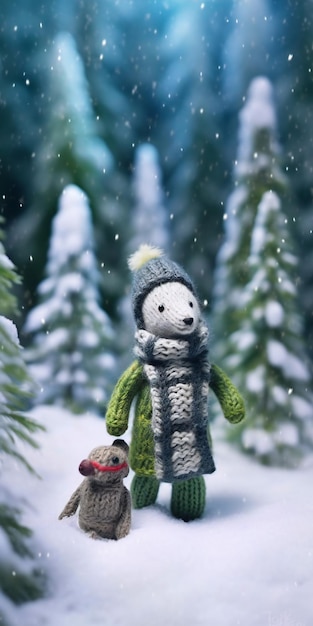 Schneemann und Schneemann im Winterwald Weihnachtshintergrund