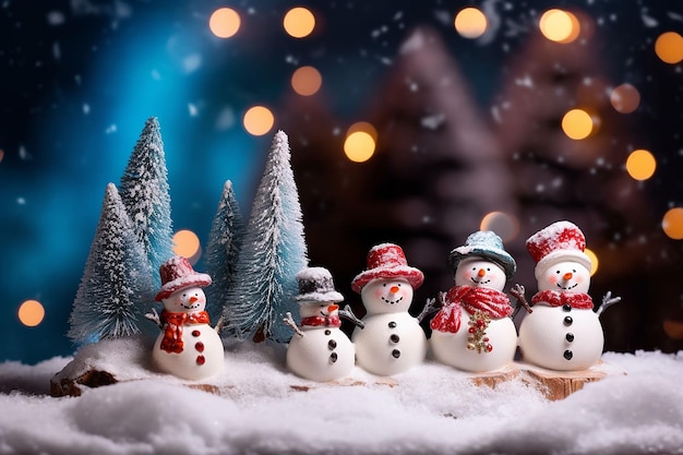 Schneemann und Weihnachtsbaum im Schnee mit Bokeh-Hintergrund-Weihnachtskonzept