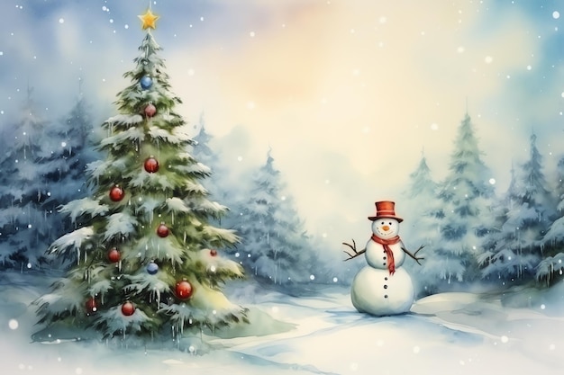 Schneemann und Weihnachtsbaum im verschneiten Winter, Vintage-Aquarell-Illustration, Hintergrundbild