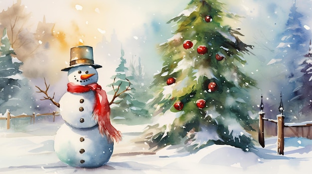 Schneemann und Weihnachtsbaum in Aquarell-Stil