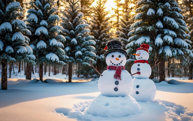 Schneemann-Weihnachtsszene Neujahrsgrußkarte Fröhlicher Schneemann steht in der Weihnachtslandschaft Schneehintergrund Generative KI