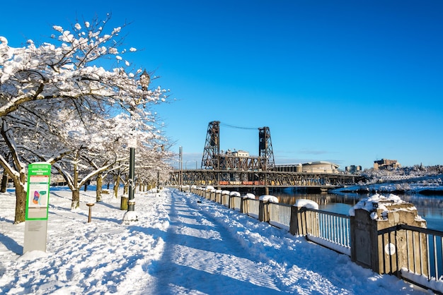 Foto schneepark, der vom willamette river bedeckt ist