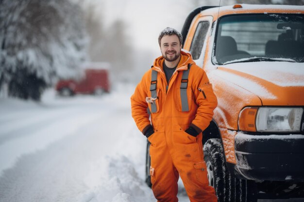 Schneepflügler in Overall gegen den Hintergrund seines Autos auf einer schneebedeckten Straße in der Stadt