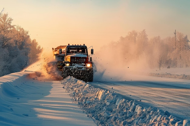 Schneepflügler räumen im Winter bei Sonnenaufgang die Straße