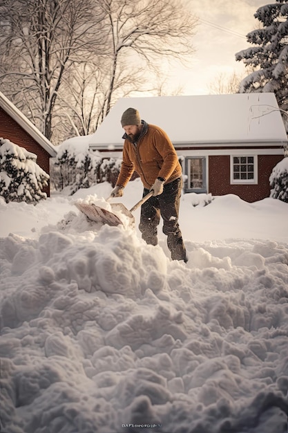 Schneeräumung Mann räumt Schnee mit Schaufel nach Schneefall im Freien generative KI