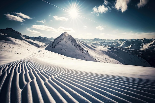 Schneeskilauf in den Bergen vor dem Hintergrund von Himmel und Sonnenskilauf generativer ai