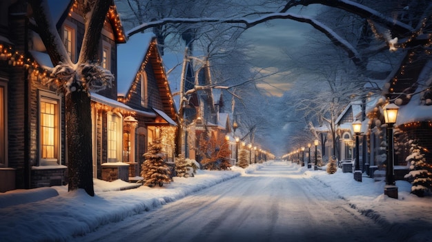 Schneestraße mit Häusern, die mit Weihnachtslichtern leuchten