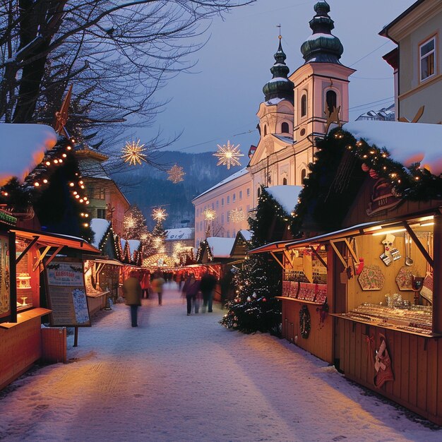 Schneestraße mit Weihnachtsdekorationen in Österreich