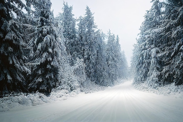 Schneesturm im Nadelwald majestätische Winterlandschaft fantastischer winterlicher Hintergrund mit Schneedecke