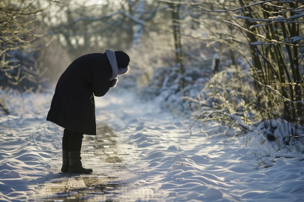 Foto schneewege frau in einem mantel gekrümmt