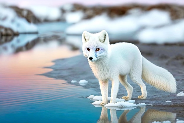 Schneeweißer Polarfuchs mit roten Augen, der auf einem zugefrorenen See steht