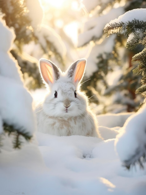 Schneewinter Schönes weißes Kaninchen im Nadelwald Close-up-Foto am sonnigen Morgen