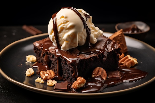 Schneide von leckerem Schokoladenbrownie mit Sahne auf dunkler Platte