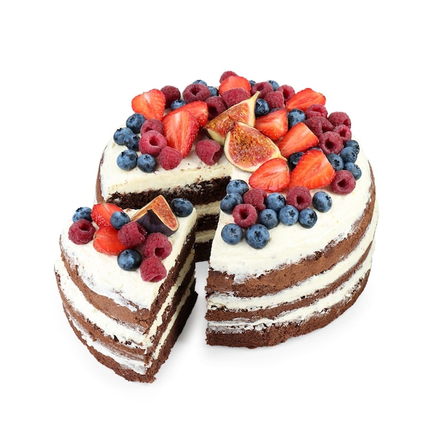 Schneiden Sie leckeren Schokoladen-Schwammkuchen mit Bären, die auf Weiß isoliert sind