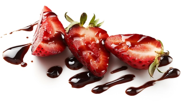 Schneidete Erdbeeren mit Schokoladenregen auf weißem Hintergrund