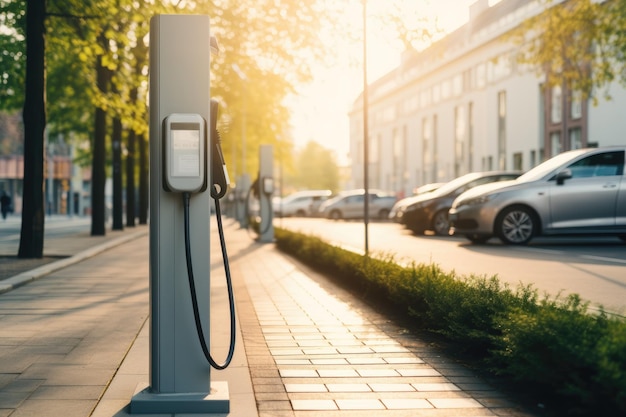 Schnelle Ladegeräte für Elektrofahrzeuge zum Laden von Autos im Park mit digitaler KI