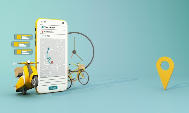 Schnelle Lieferung mit Roller, Fahrrad und Lieferwagen mit mobilem E-Commerce-Konzept Online-Lebens- und Einkaufskistenbestellung mit Routenkarte Webseiten-App-Design Gelber und blauer Hintergrund Perspektive 3D-Rendering