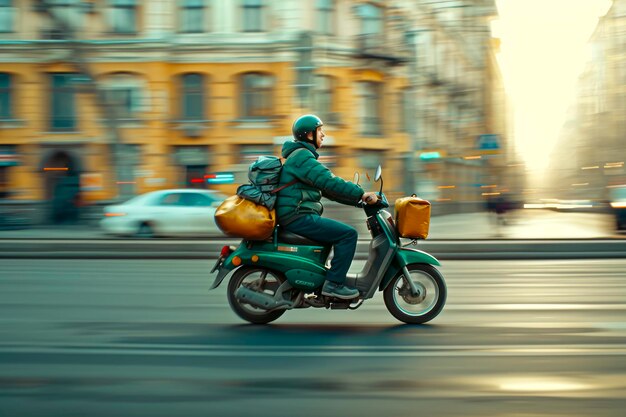 Schnelle städtische Lieferung Mann auf einem grünen Moped mit einer kubiformigen Tasche fährt auf der Autobahn der Stadt, um eine Adresse zu finden