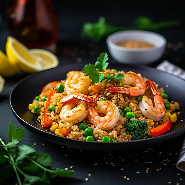 Schnelle und gesunde asiatische Mahlzeit aus gebratenem Reis, frischen Garnelen, Limette und Gemüse in einer schwarzen Schüssel